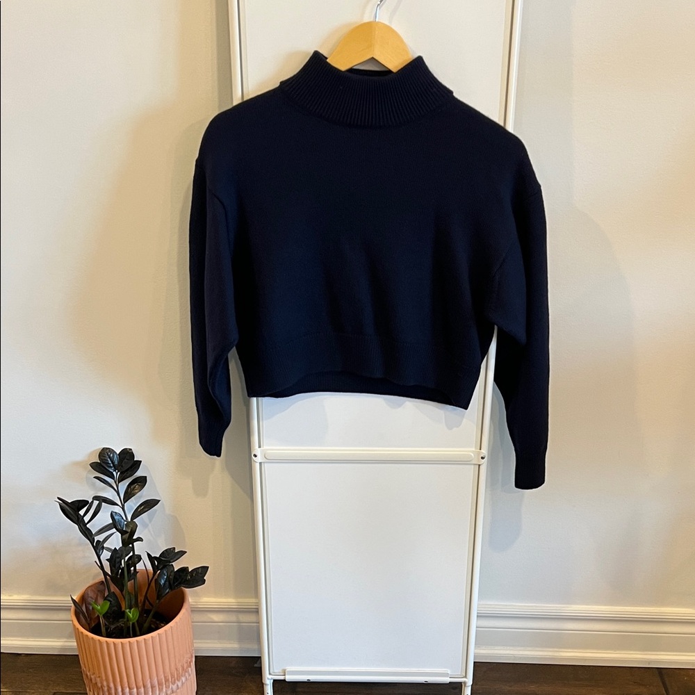 Navy Cropped Wool Turtleneck Sweater